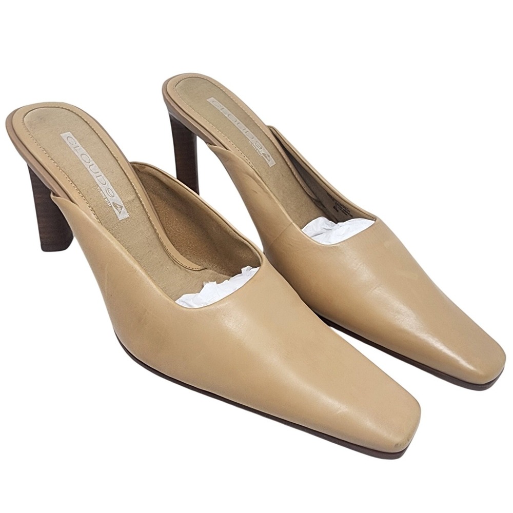 Nine West Cloud 9 Tan Leather Square Toe Slides Mules Wood Heel Pumps Womens 8M
